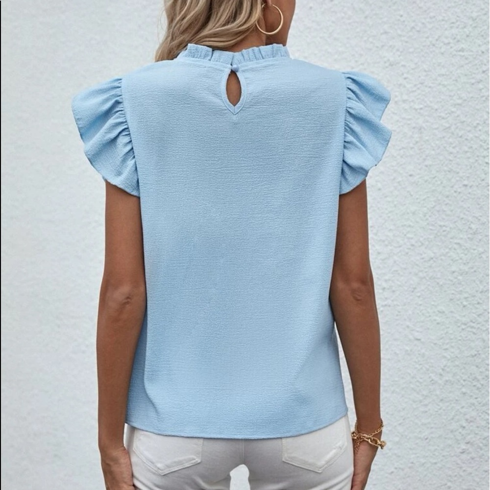 Elegant Classic Green Mock Neck Ruffle Butterfly Top Blouse Shirt - Picture 12 of 16